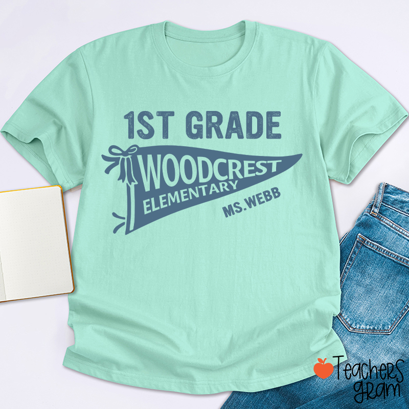 Personalized Grade And School Name Pennant Teacher T-Shirt