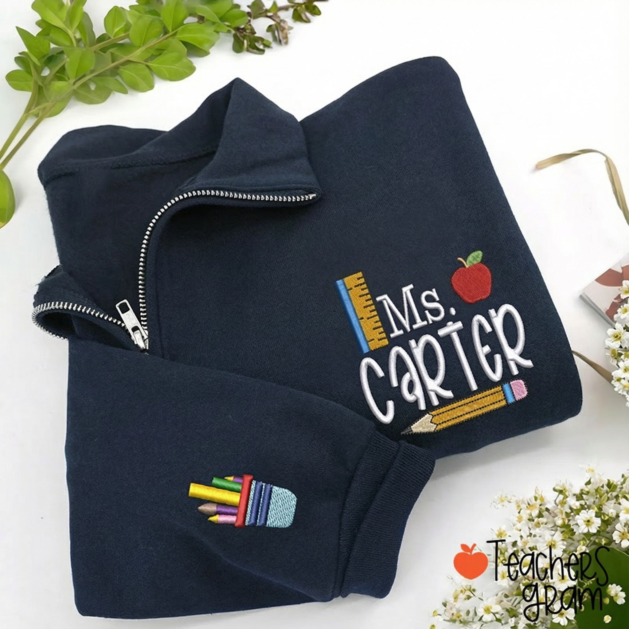 Personalized Name Pencil Apple Teacher Embroidered Sleeve Quarter Zip Sweatshirt