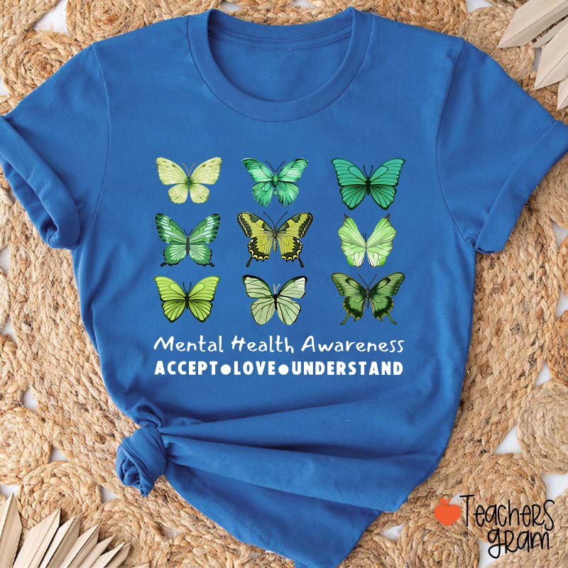 Accept Love Understand Butterfly Graphic Mental Health Awareness Teacher T-Shirt