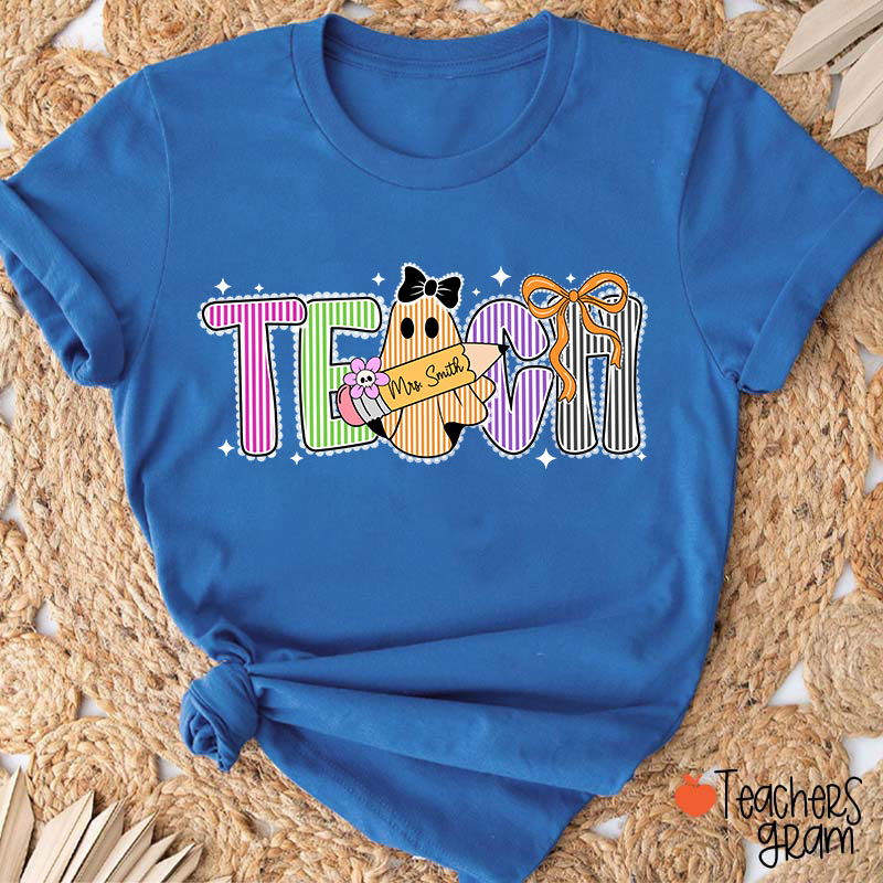 Personalized Name Preppy Teach Boo Ghost Coquette Teacher T-Shirt