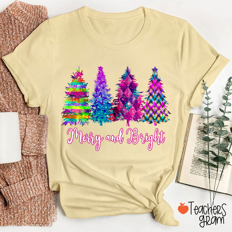 Merry And Bright Colorful Christmas Tree Teacher T-Shirt