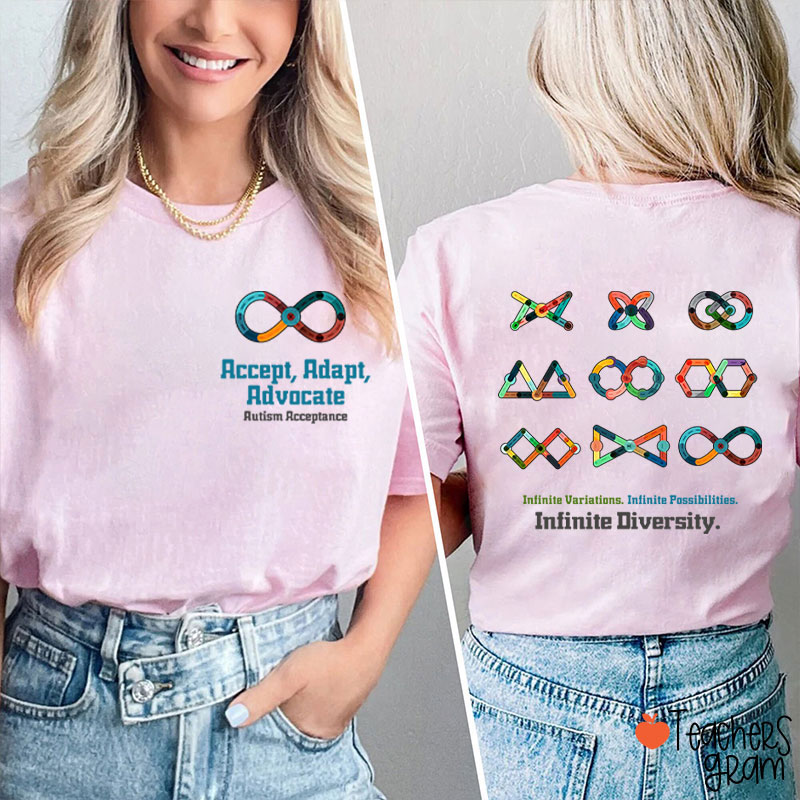 Accept Adapt Advocate Autism Acceptance Teacher Two Sided T-Shirt