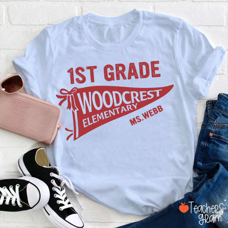 Personalized Grade And School Name Pennant Teacher T-Shirt