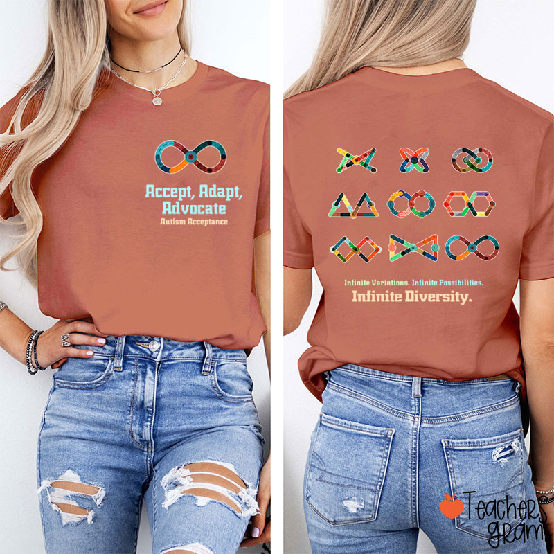 Accept Adapt Advocate Autism Acceptance Teacher Two Sided T-Shirt