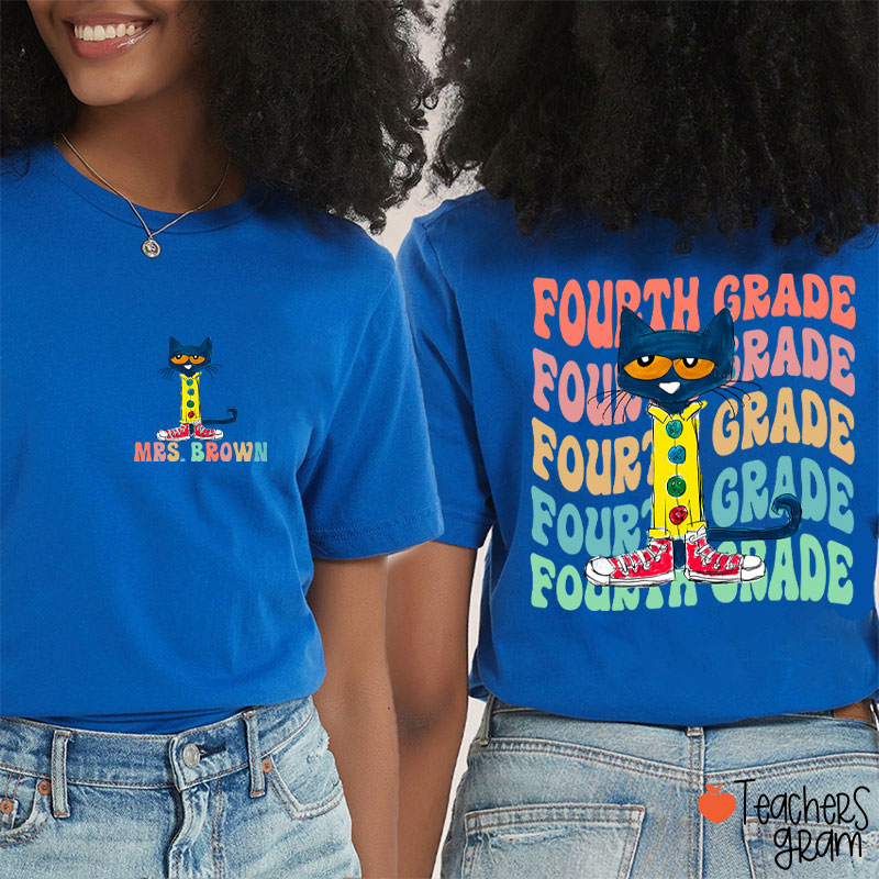 Personalized Name And Grade Cool Blue Cat Teacher Two Sided T-Shirt
