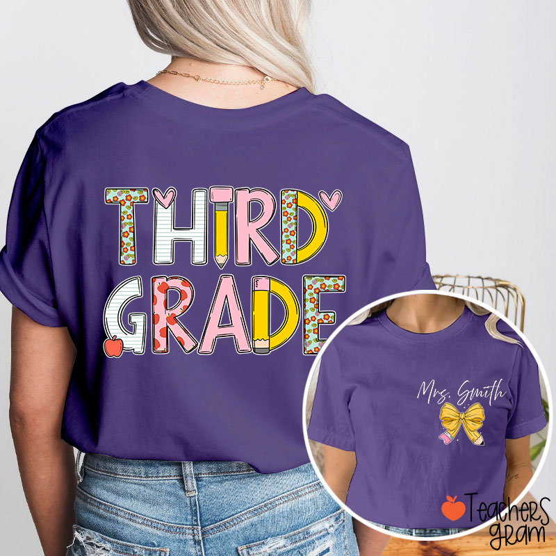 Personalized Grade Stationery  Heart Apple Pencil Teacher Two Sided T-Shirt