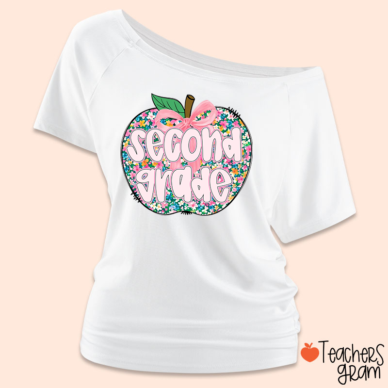 Personalized Grade Flowers Apple Teacher Off Shoulder Shirt