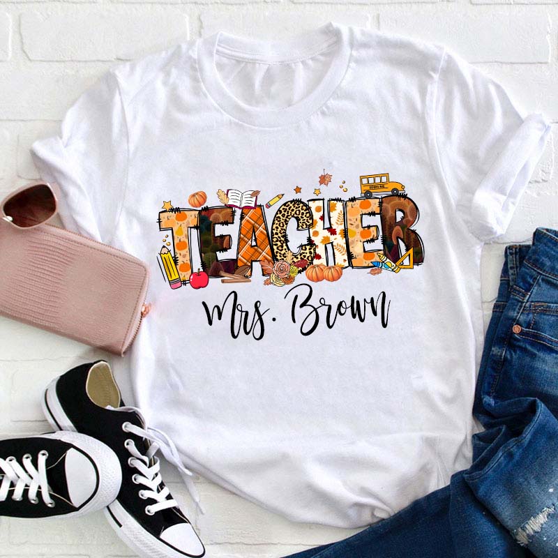 Personalized Name Autumn Crew Teacher T-Shirt
