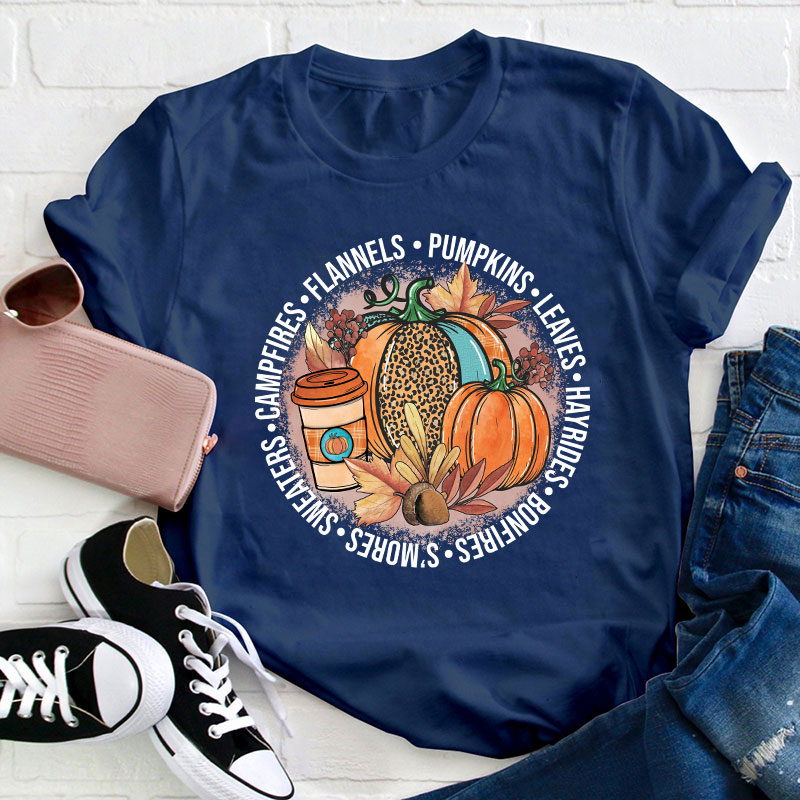 Pumpkin Leaves Hayrides Teacher T-Shirt