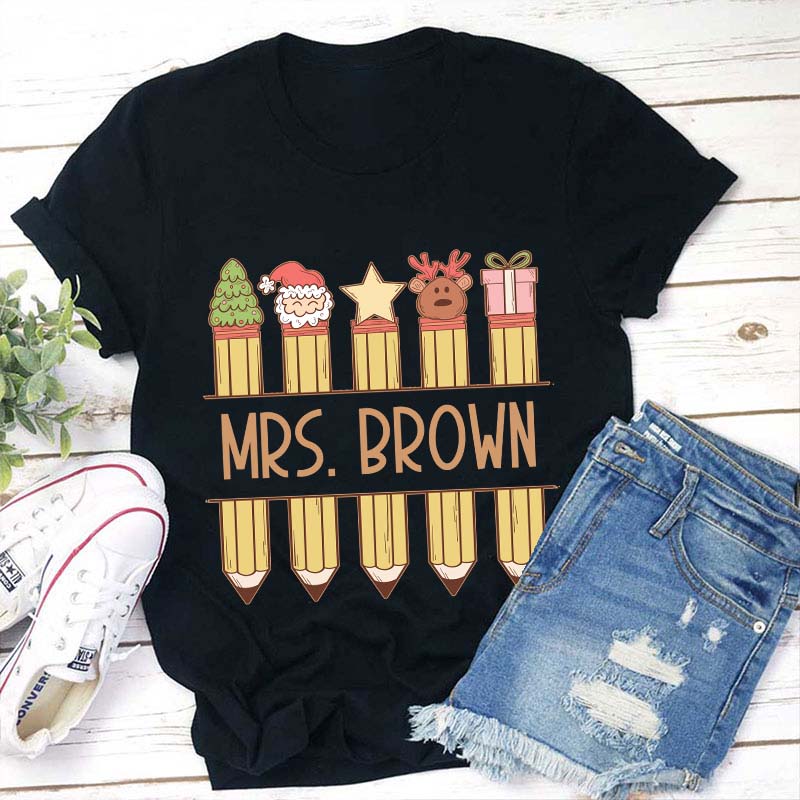 Personalized Name Christmas Pencils Teacher T-Shirt