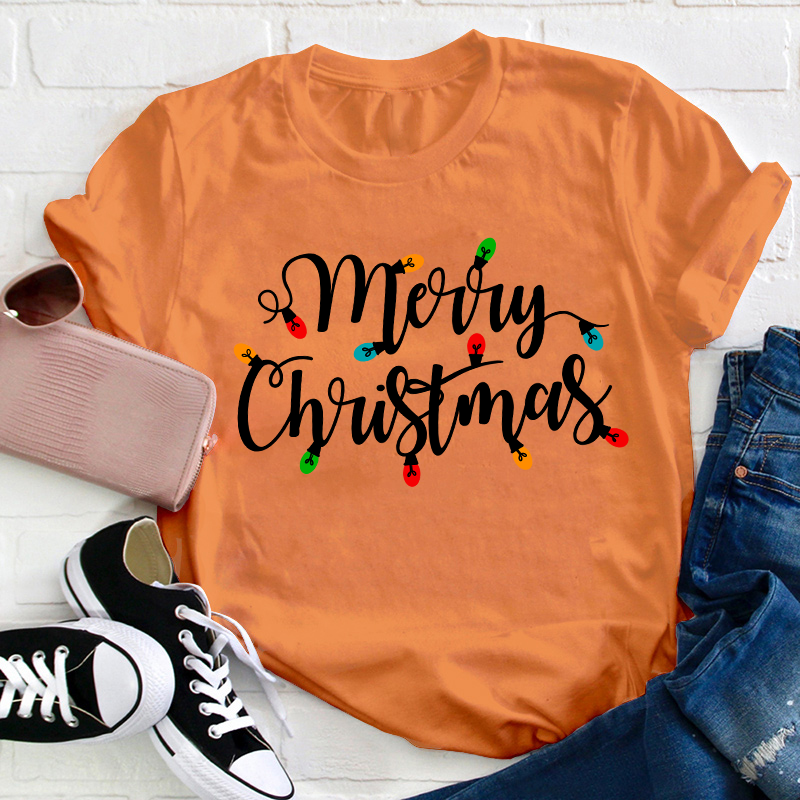 Merry Christmas Colorful Lights Teacher T-Shirt