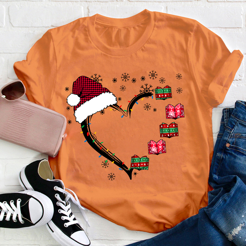 Christmas Books Heart Teacher T-Shirt