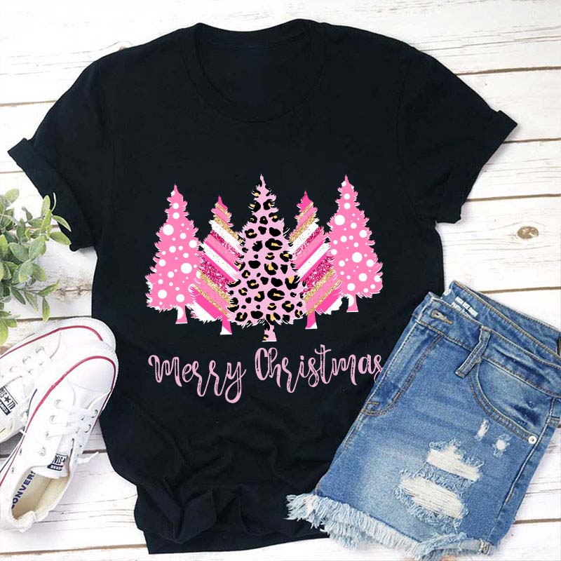 Merry Christmas Pink Christmas Trees Teacher T-Shirt