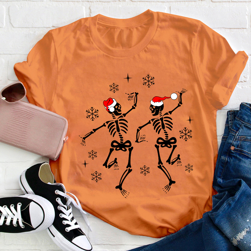 Dancing Skeleton With Santa Hat Teacher T-Shirt