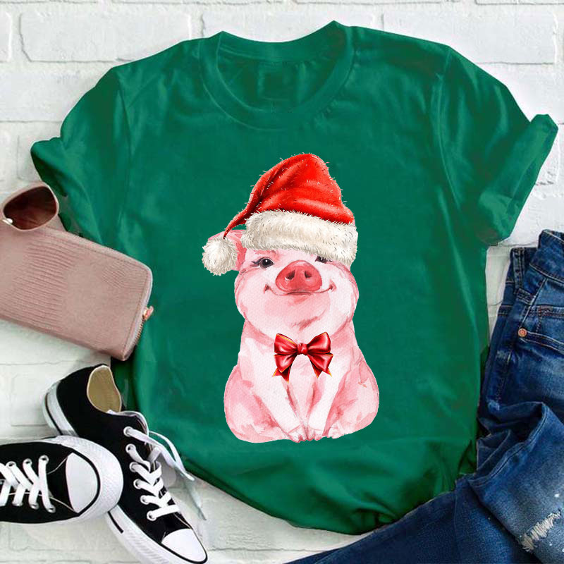Cute Pig Wearing Christmas Hat Teacher T-Shirt