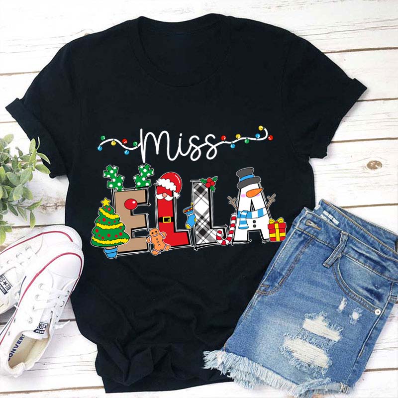 Personalized Name Cute Christmas Elements Teacher T-Shirt
