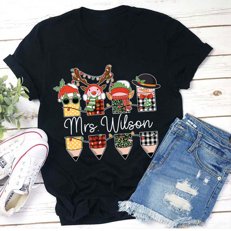 Personalized Name Cute Christmas Pencils Teacher T-Shirt