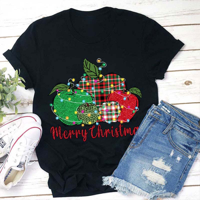 Christmas Apples Surrounded By Lights Teacher T-Shirt