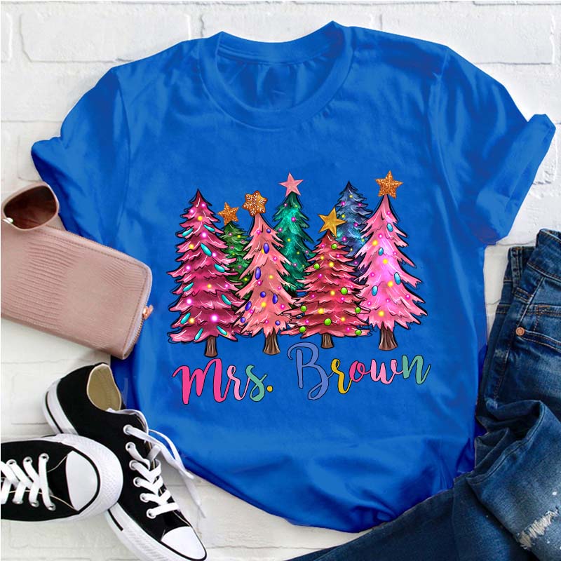 Personalized Name Colorful Christmas Trees Teacher T-Shirt
