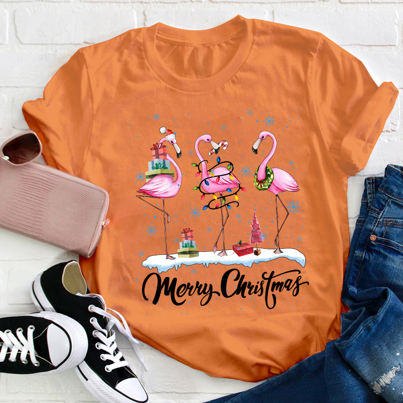 Pink Flamingo Merry Christmas Teacher T-Shirt
