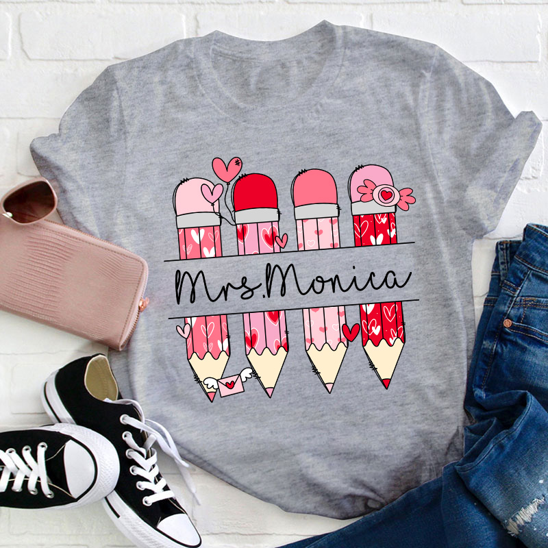 Personalized Pink Pencil Name Teacher T-Shirt