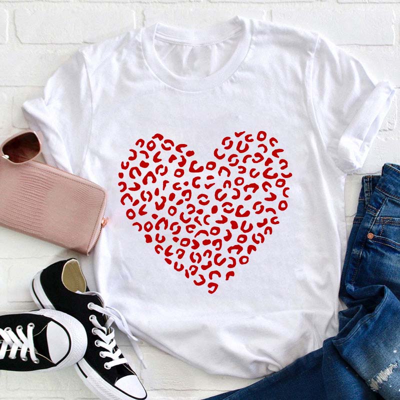 Red Leopard Heart Teacher T-Shirt