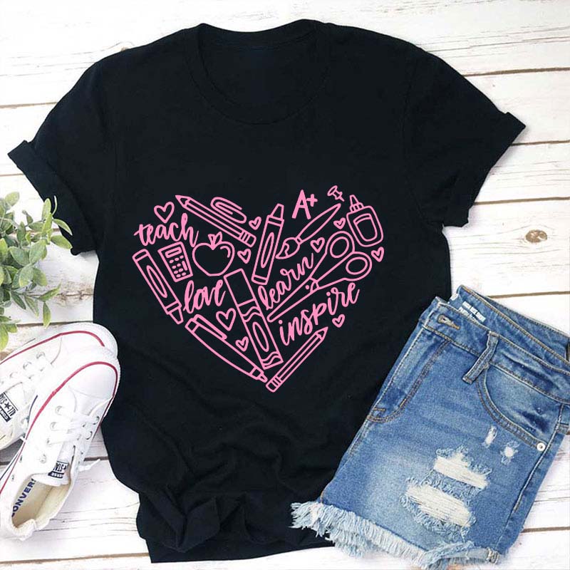 Teach Learn Inspire Heart Teacher T-Shirt