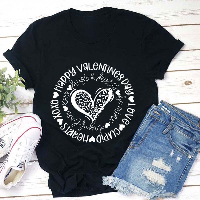 Happy Valentine's Day Leopard Circle Teacher T-Shirt