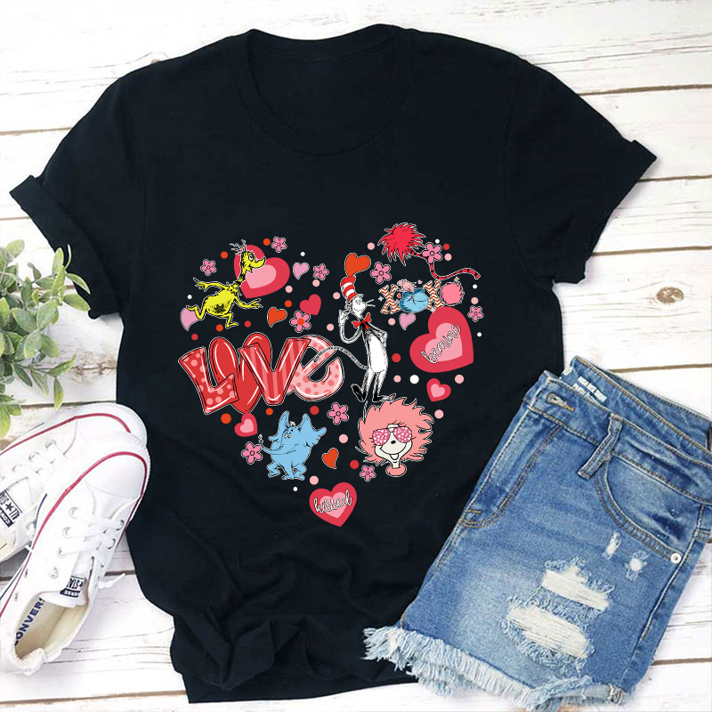 Cat In Hat Heart Teacher T-Shirt