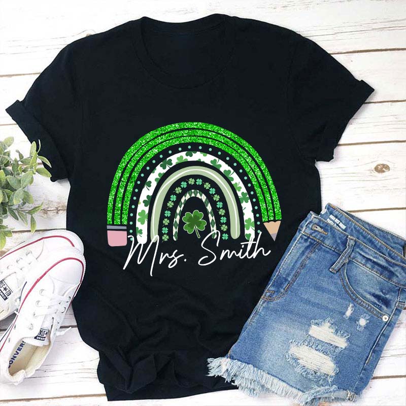 Personalized Green Rainbow Pencil Name Teacher T-Shirt