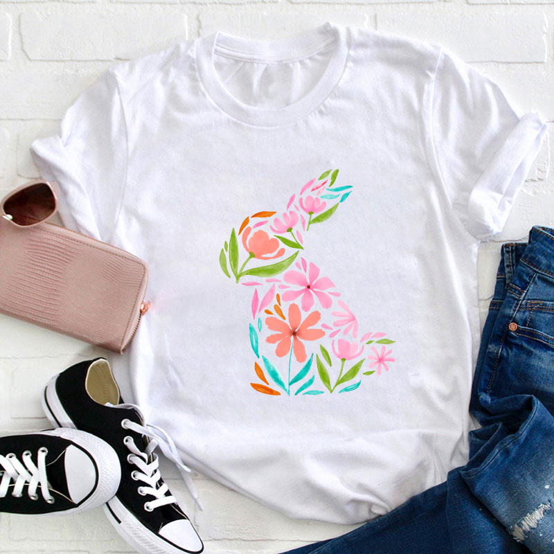 Pink Flower Spring Bunny Teacher T-Shirt