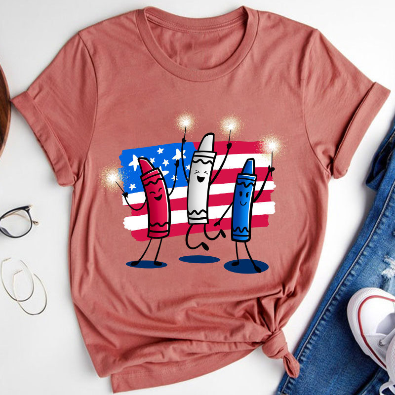 4th Of July Color Crayon Teacher T-Shirt