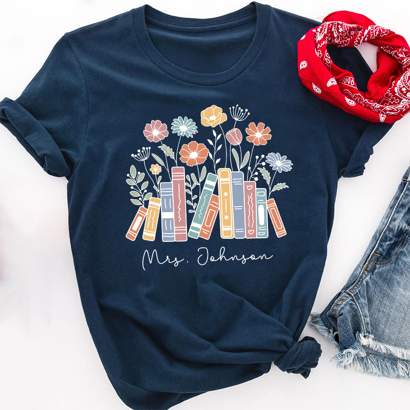 Personalized Flower Books Teacher T-Shirt