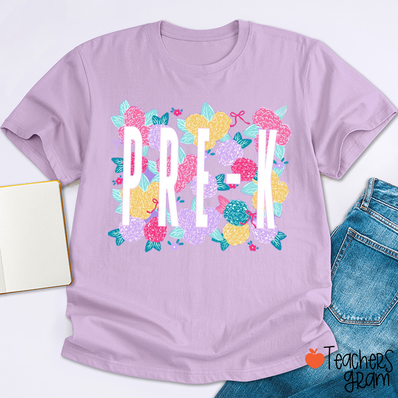 Personalized Grade Colorful Flower Bow Teacher T-Shirt