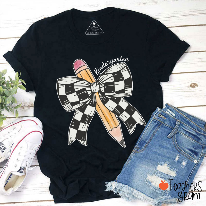 Personalized Grade Checkered Bow Pencil Teacher T-Shirt