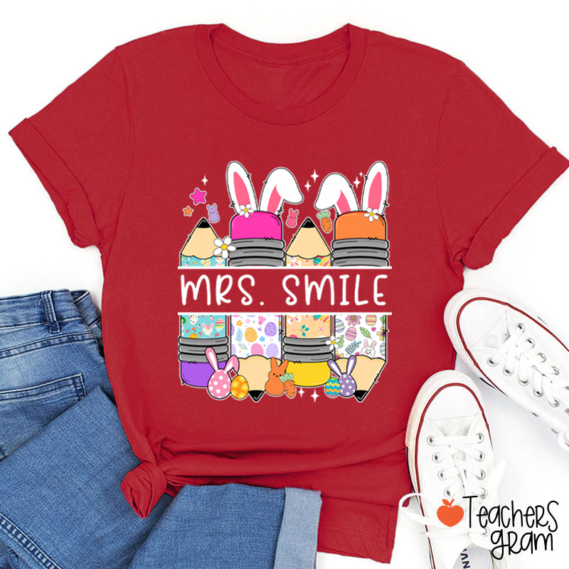Personalized Name Bunny Pencil Teacher T-Shirt