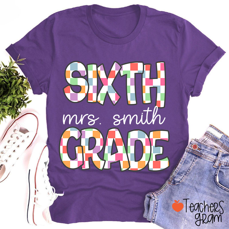 Personalized Name And Grade Checkered Fonts Teacher T-Shirt