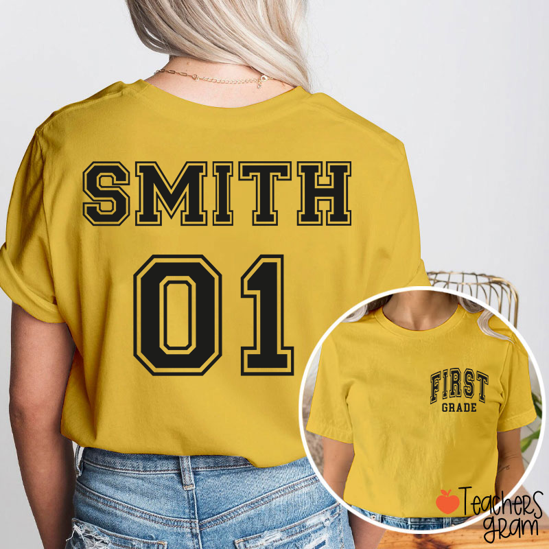Personalized Grade And Name Simple Fonts Back To School Teacher Two Sided T-Shirt