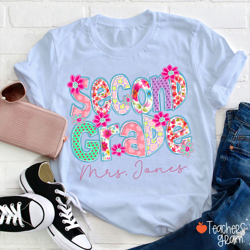 Personalized Grade Flowers Font Teacher T-Shirt
