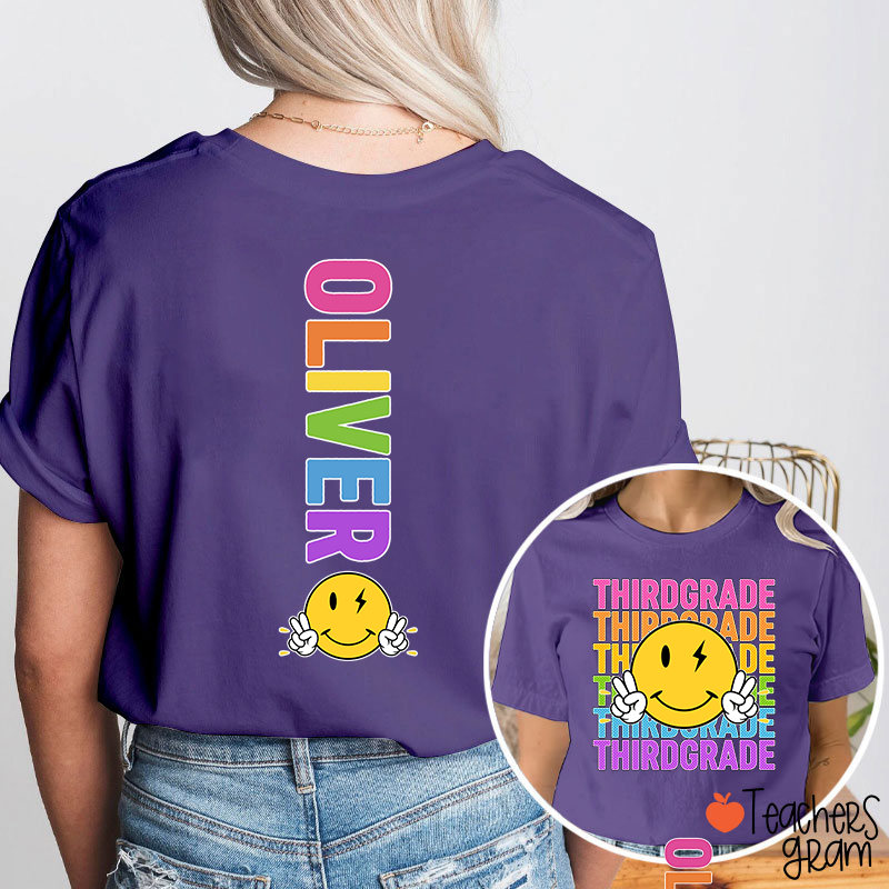 Personalized Grade And Name Smiley Face Teacher Two Sided T-Shirt