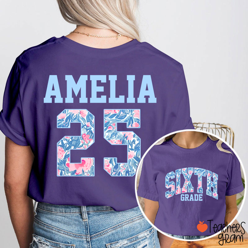 Personalized Flower And Leaf Pattern Text And Numbers Teacher Two Sided T-Shirt