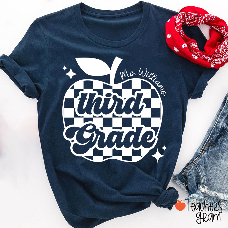 Personalized Black And White Checkerboard Apple And Name Teacher T-Shirt