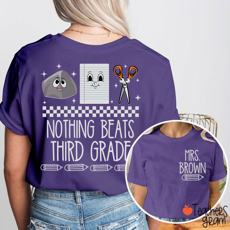 Personalized Grade Name Pencil Rock Checkerboard Notebook Scissors Teacher Two Sided T-Shirt