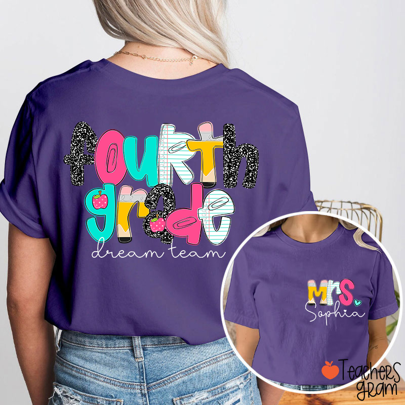 Personalized Grade And Name Pencil Notebook Teacher Two Sided T-Shirt