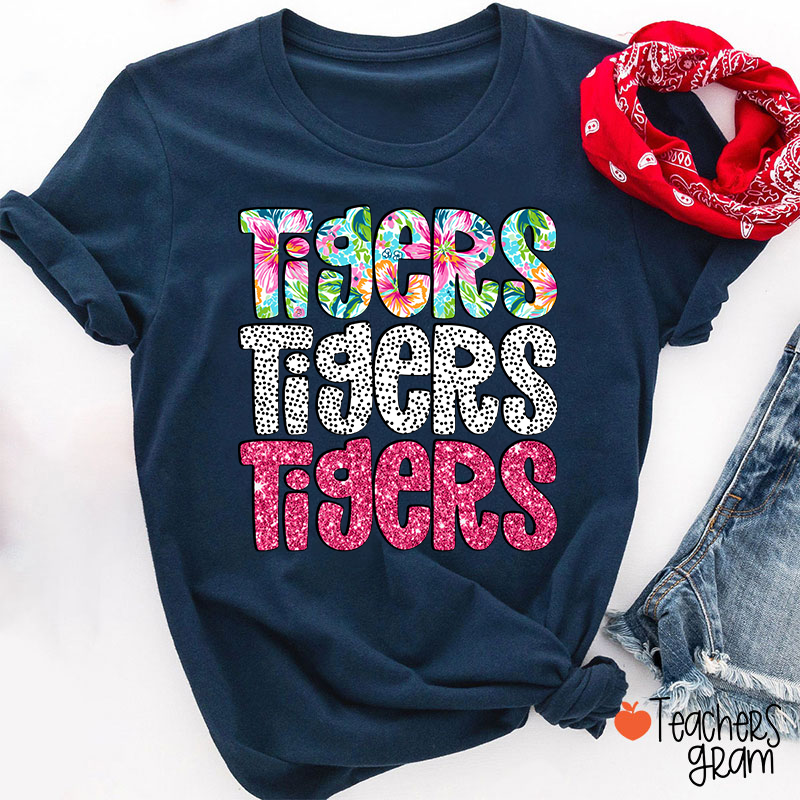 Personalized Mascot Flower Dot Pink Glitter Teacher T-Shirt
