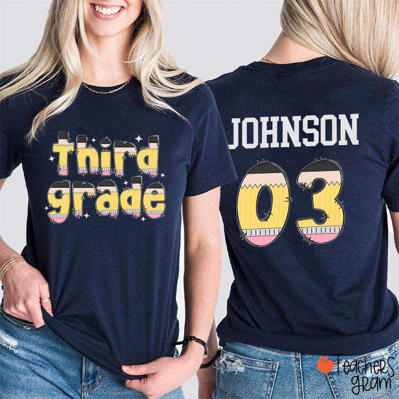 Personalized Pencil Pattern Letters And Numbers Teacher Two Sided T-Shirt