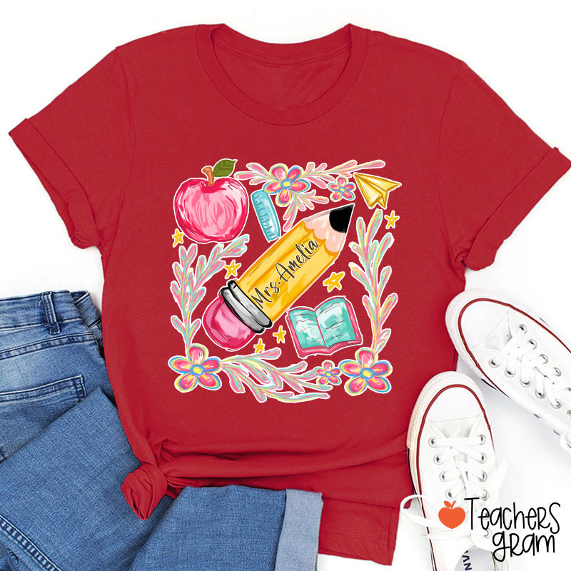 Flowers Pencil Apple Book Star Teacher T-Shirt