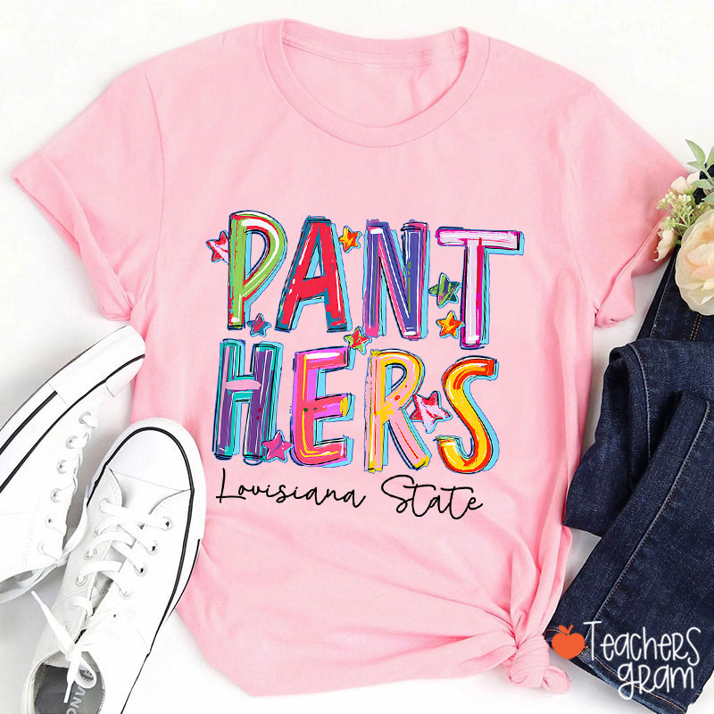 Personalized Mascot And School Name Star Watercolor Brushstrokes Teacher T-Shirt