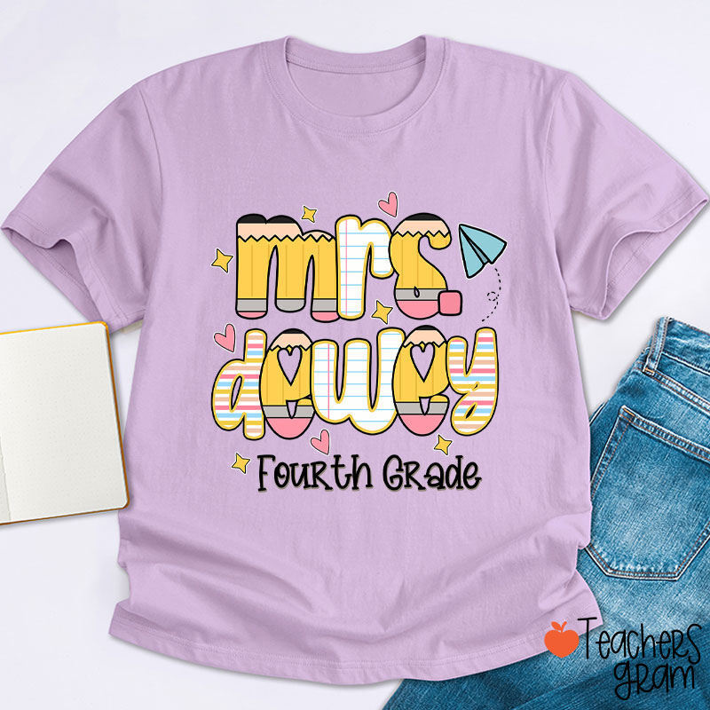 Personalized Name Grade Pencil Notebook Heart Star Paper Plane Teacher T-Shirt