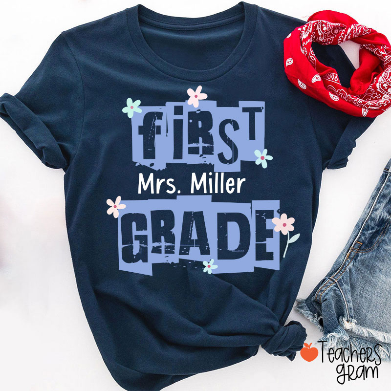 Personalized Grade Name Hollow Monochrome Flowers Teacher T-Shirt